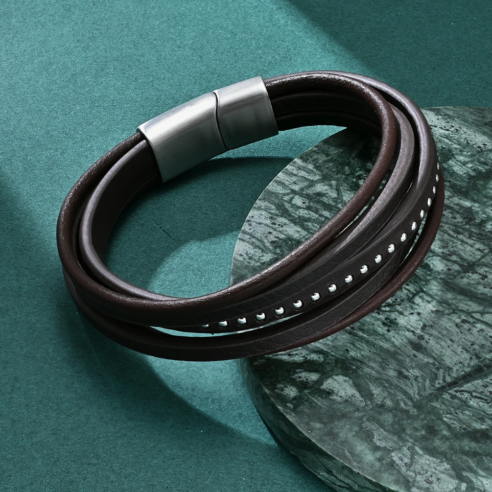 Alin New Braided Multi-Layer Genuine Leather Bracelet Men Stainless Steel Brown Leather Bracelet
