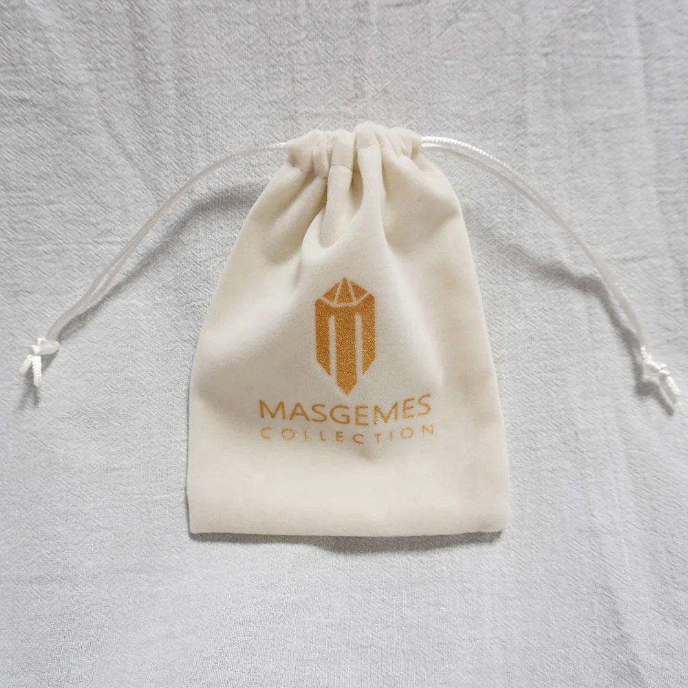 Custom  gold Logo slide White Beige Watch packaging bags Perfume Velvet Jewelry Drawstring Pouch Bag