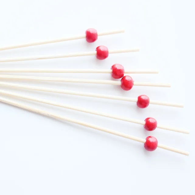 12CM Length Little Red Beige Beads Disposable Bamboo Mini Fruit Sticks