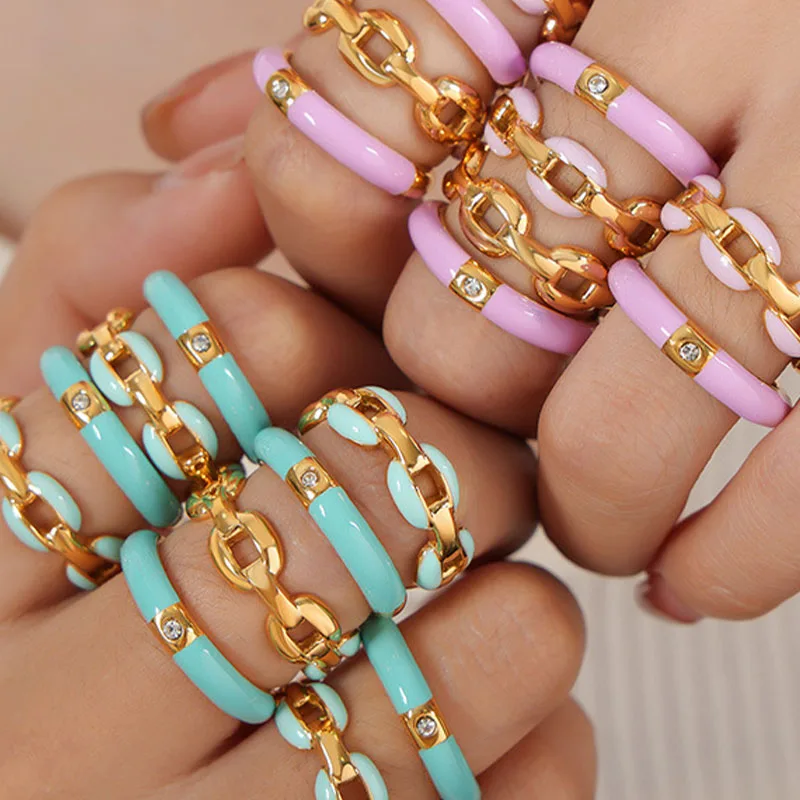 Gold Plated Colorful Enamel Ring Dainty Enamel Jewelry Stainless Steel Waterproof Open Zircon Enamel Rings Set for Women