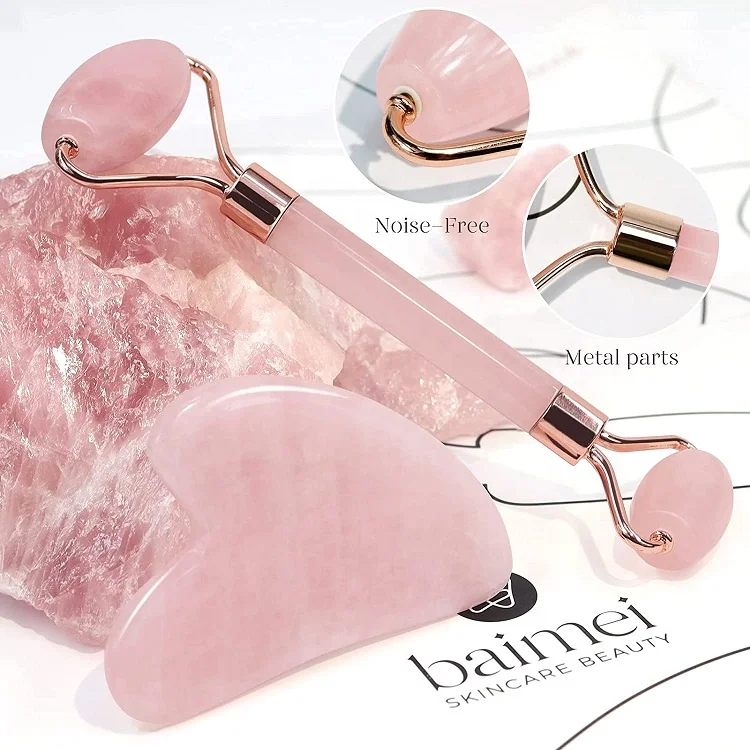 Custom Logo 2 in 1 Natural Jade Facial Massage Pink Crystal Quartz Roller Gua Sha Set With Box