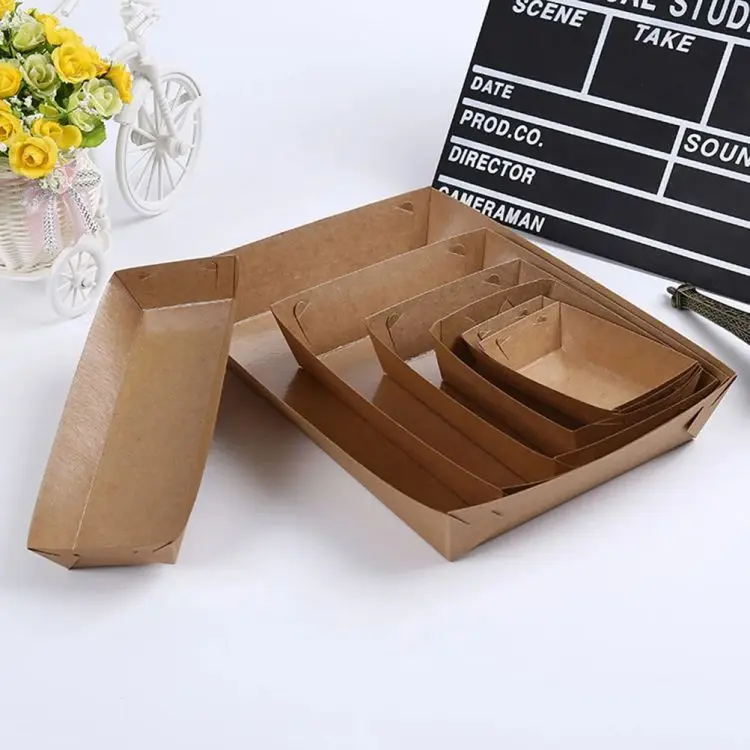 Custom Recycle Kraft Biodegradable Disposable Paper French Fries Food Packaging Takeaway Tray Box