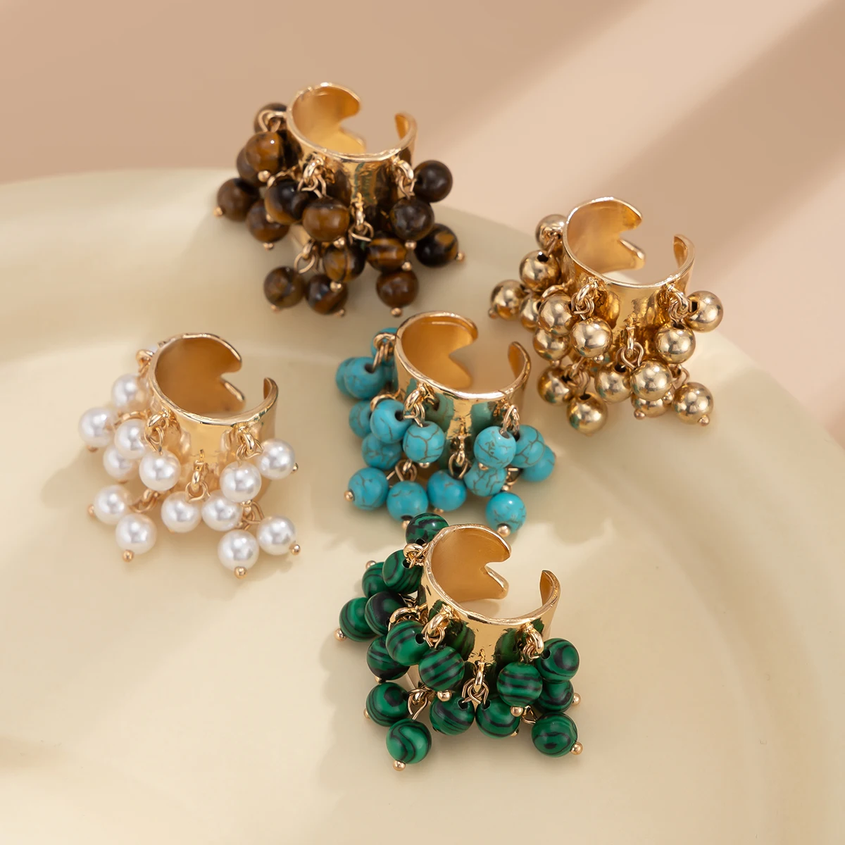 Vintage Design Turquoise Imitated Pearl Wide Face Open Rings for Women Trendy Lady Street Peach Heart Ring Fashion Jewelry Gifts