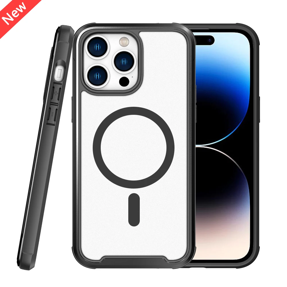 Wholesale For iPhone 13 14 Pro Max Luxury Wireless Charging Magnetic Back Cover Black Aluminum Frame Protective Phone Case