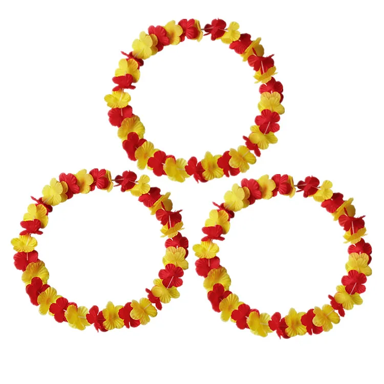 Wholesale 2026 Spain flag color silk flower Hawaiian leis for football game flowers necklace Decorative Wreath graduation lei