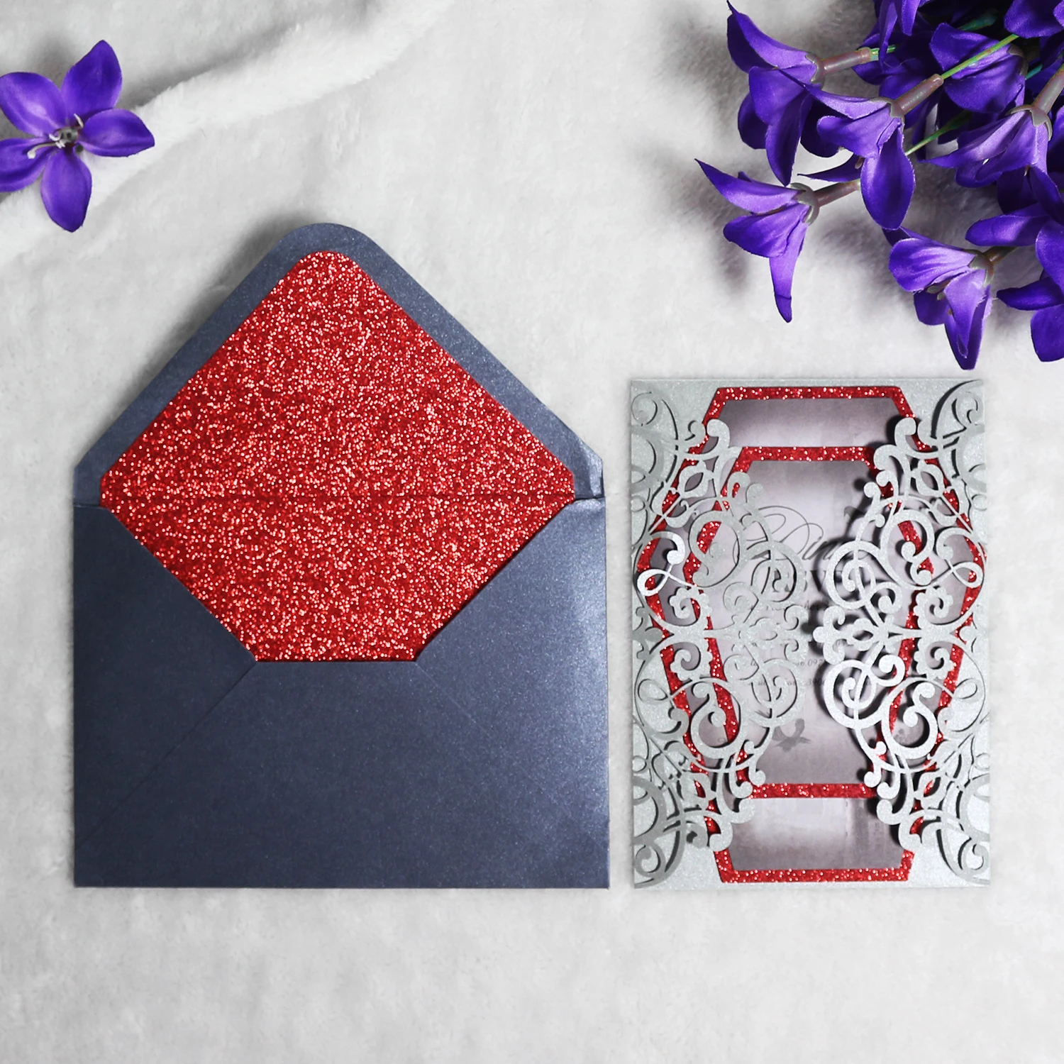 Glitter Laser Cutting Wedding Invitation Birthday Quinceanera Invitations Cards Red Shimmer Liner Envelope