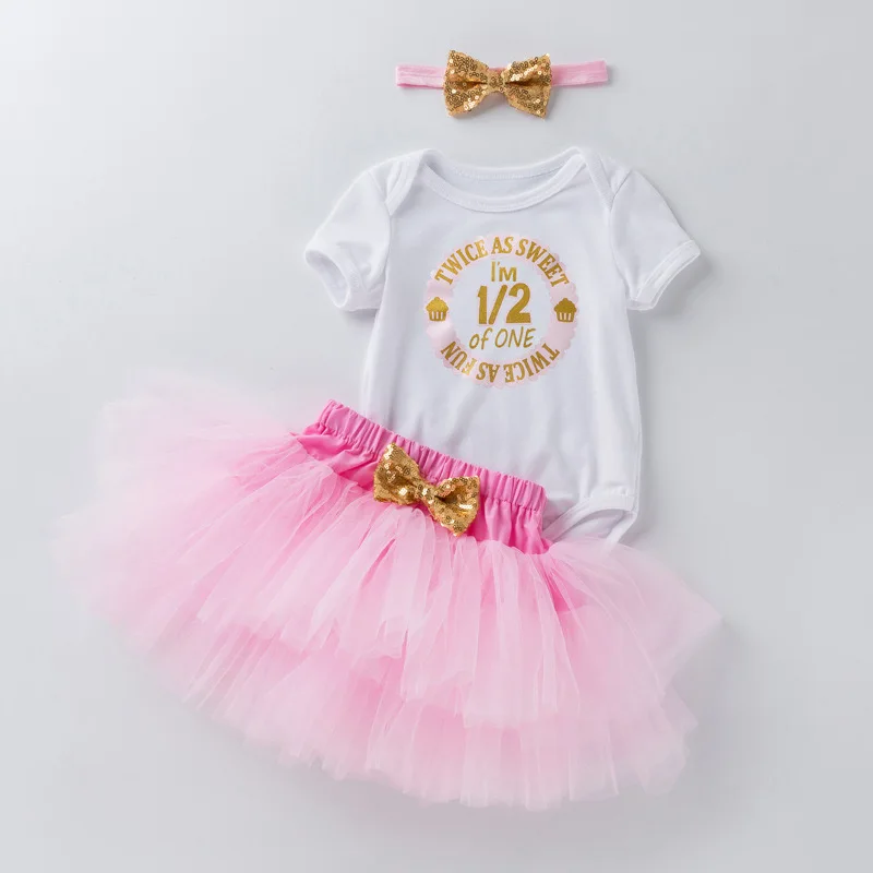 Baby Girls Half Birthday Party Romper Pink TUTU Skirt My Girl is on the Way to One Birthday Outfit infant Girl Bow Headband