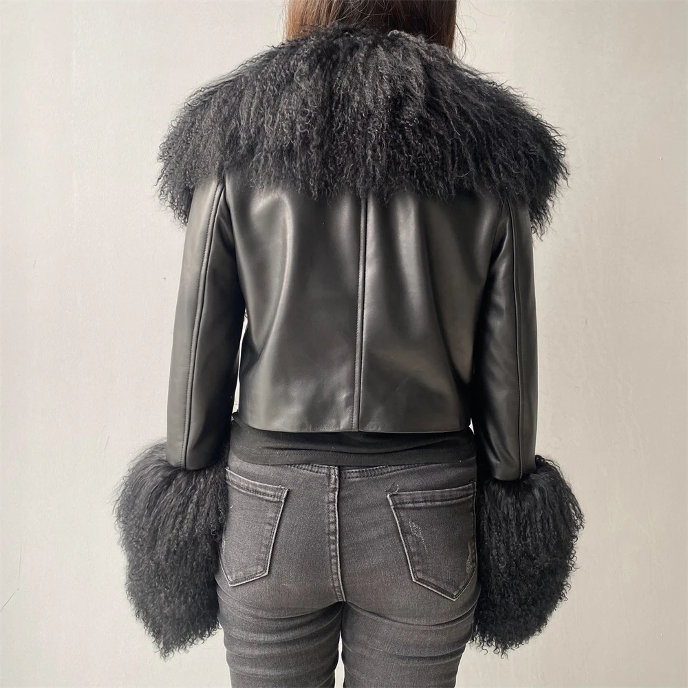 Soft Fall Spring Women Cropped Sheepskin Coat Motorcycle Real Mongolian Lamb Fur Collar Ladies Luxury Genuine Leather Jackets