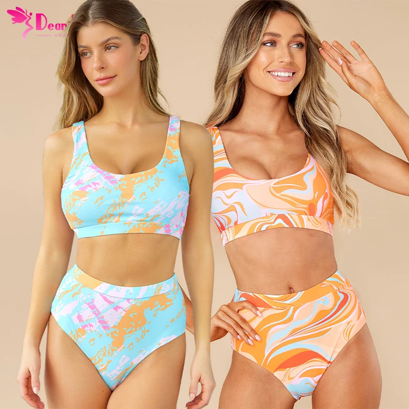 Custom Fashion Show Sexy Womens Swimwear Abstract Waves Print High Waist Swimsuit Micro Bikinis Beachwear