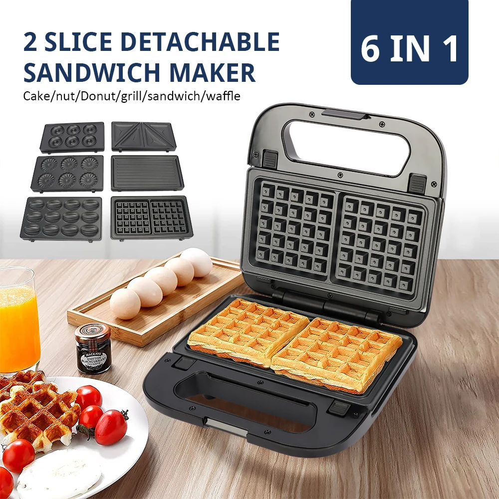 Electric Breakfast Maker 2 Slice Stainless Steel Detachable Sandwich Waffle Maker Grill Sandwich Maker