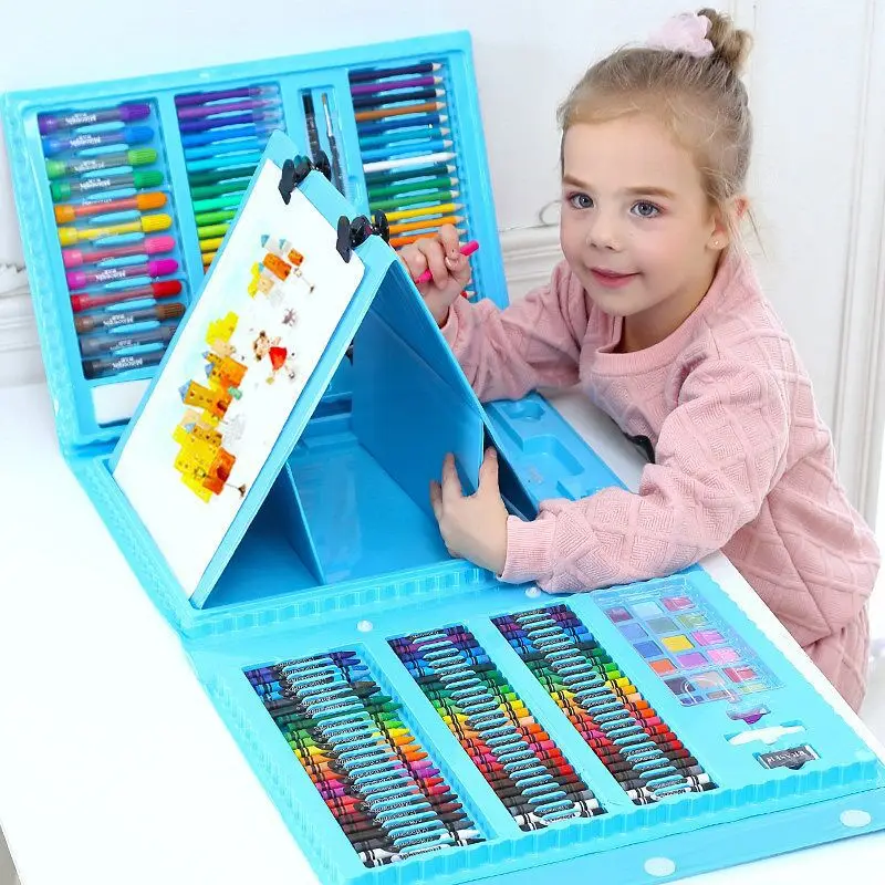Non-Toxic Kids Plastic Case Watercolor Pen Colour Pencil 208 Pieces Art Drawing Set With Easel Kit