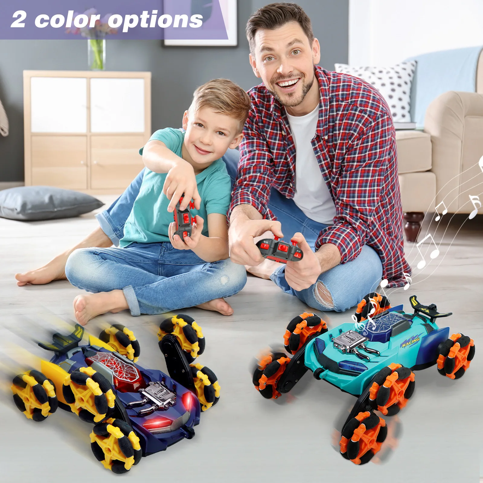 2022 New six-wheel morphing spray stunt car Omnidirectional drift roll Stunt car Boy with light spray remote control toy car
