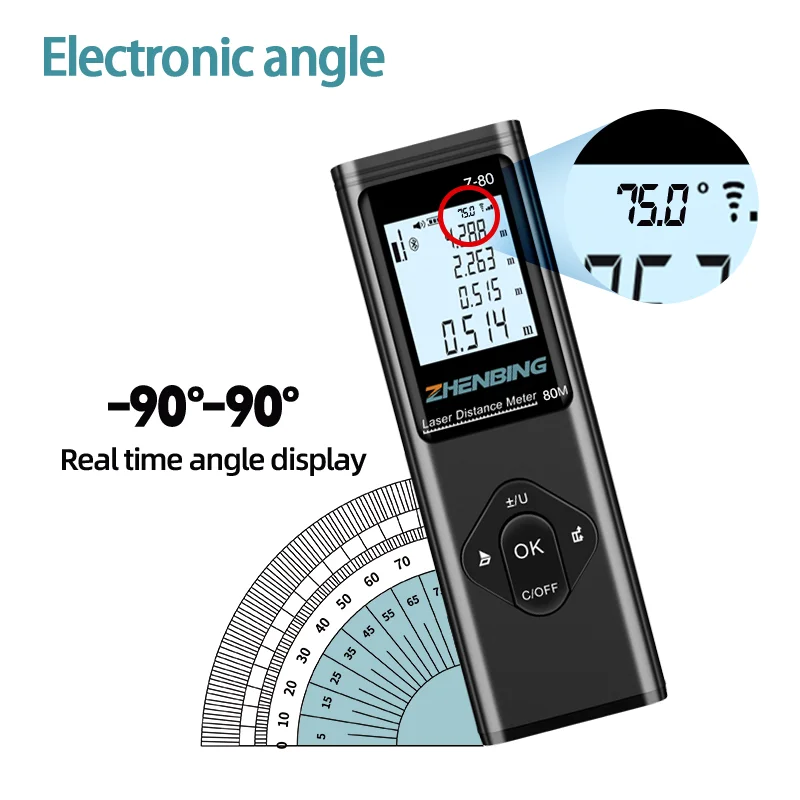 ZHENBING Smart High-precision Laser Rangefinder 80m Ranging Autonomous Calibration 50 Set of Data Storage Multi-function Tool
