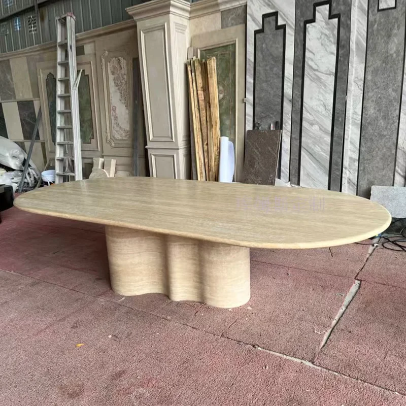 Customized Design Minimalist Natural Stone Dining Room Furniture Oval Myra Beige Limestone Luxury Marble Dining Table Set