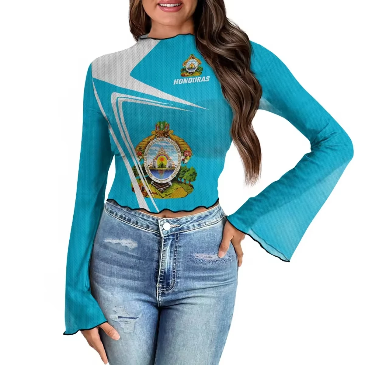 Factory made women blue shirt summer fashion shirt Honduras flag custom made women chiffon trumpet sleeve shirt wholesale