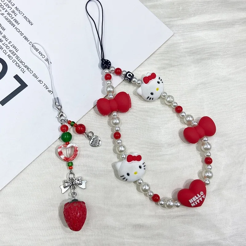 Super Cute Cartoon Hello Kitty Phone Chain Keychain Set Chain Lanyard Accessories Backpack Lanyard Beaded Accessories TikTok Hot