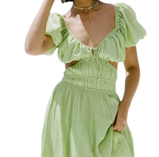 2023 New Arrival Solid Color  vetements-femme-chic Women Dress Puff Sleeves Hollow Out Summer Dress Causal Dress