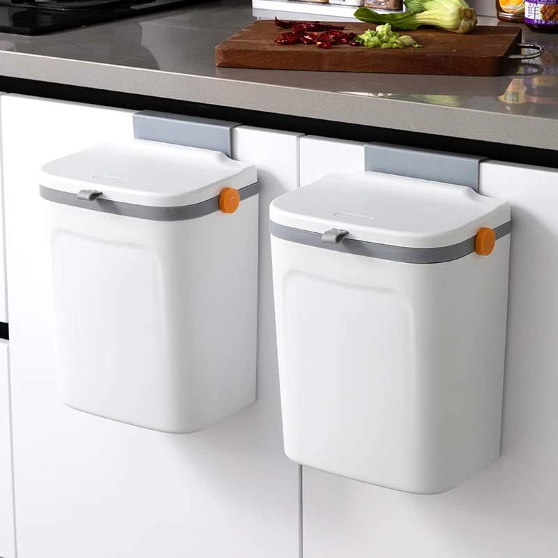 Wall Mount Multifunctional Trash Can Bin With Lid Kitchen Cabinet Hanging Plastic Trash Can