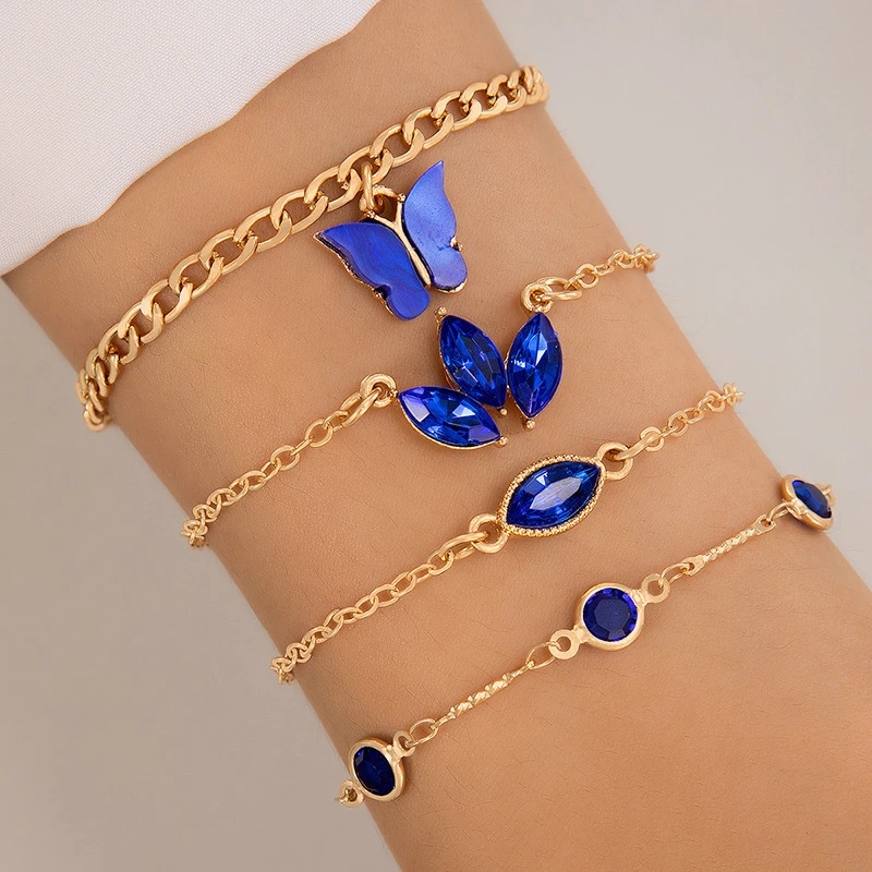 Fashion 4Pcs/Set Blue Resin Acrylic Butterfly Bracelets Set Crystal Rhinestones Pearl Bracelets For Women Girls