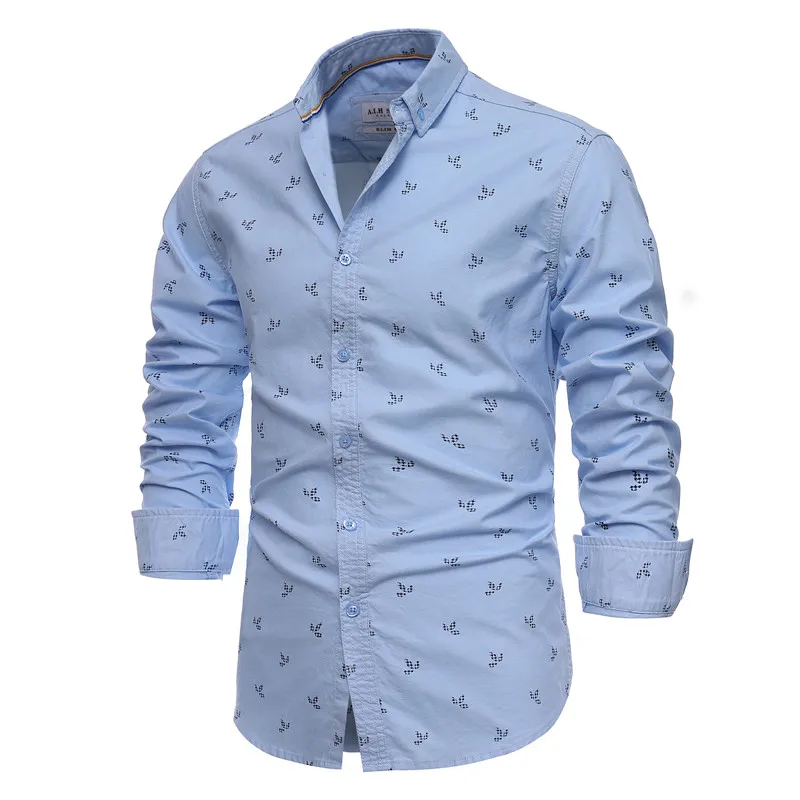 Men Printed 100% Cotton Casual Slim Fit Lapel Long Sleeve Spring High Quality Oxford Shirt