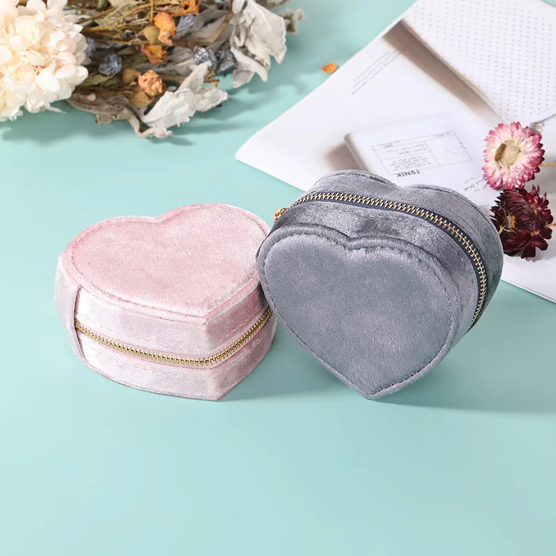 Mini Cute hart Shaped travel Flannelette jewelry Box Necklace Earrings Ring jewelry packing Organizer Zipper