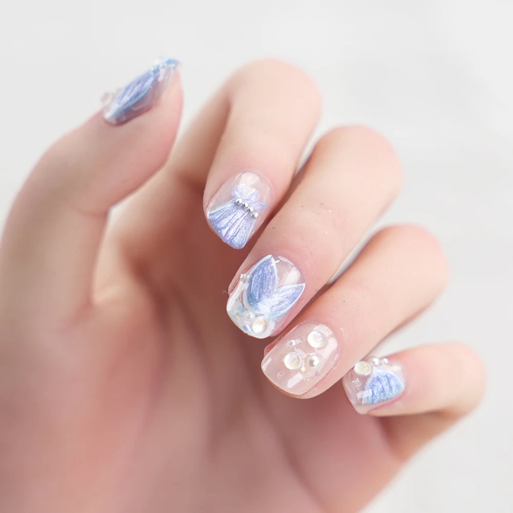 10pcs different sizes blue sea mermaid  hand made nice designed  luxury nails  Press on Nail Faux Ongles
