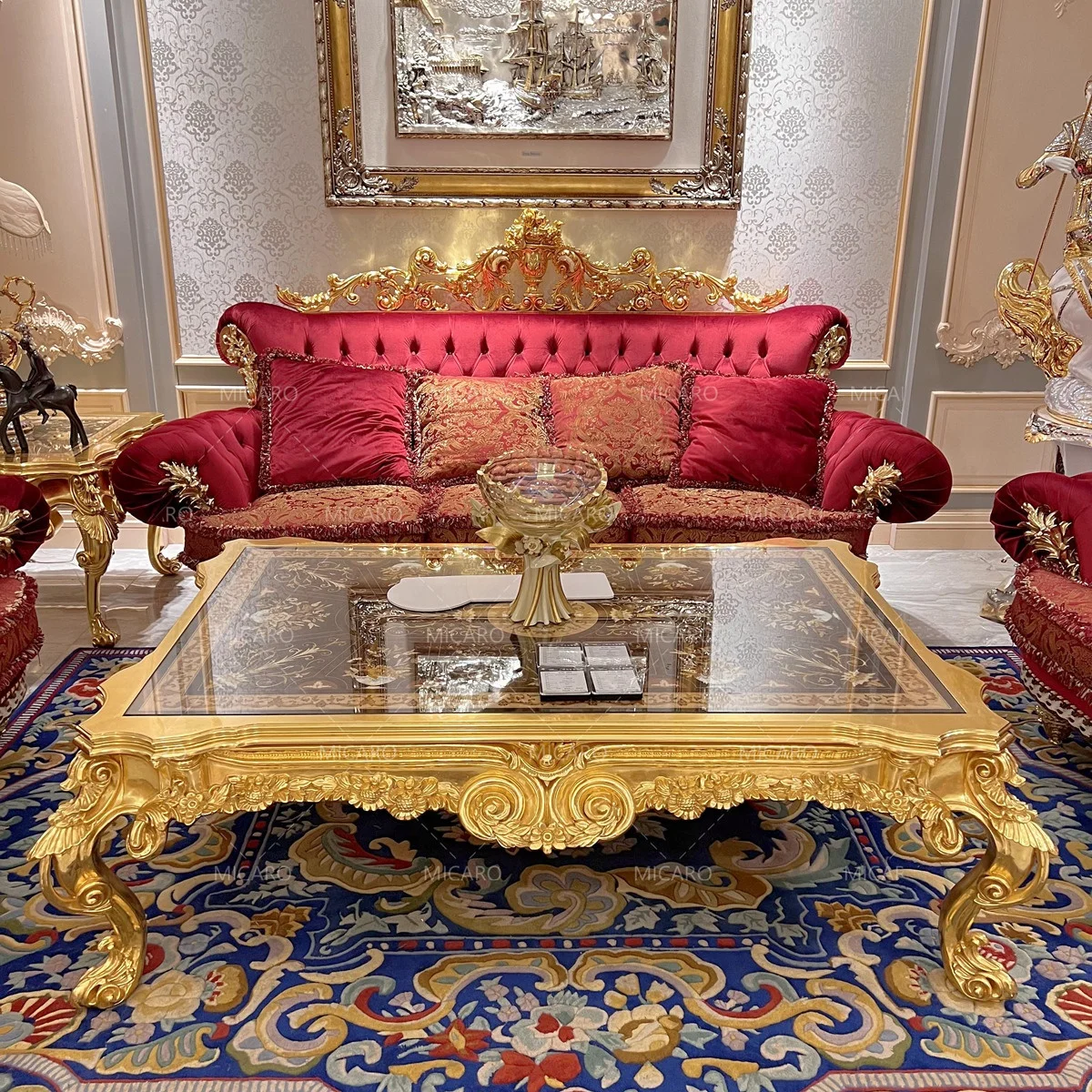 Gold leaf color wood carved royal style  latest design hall sofa set