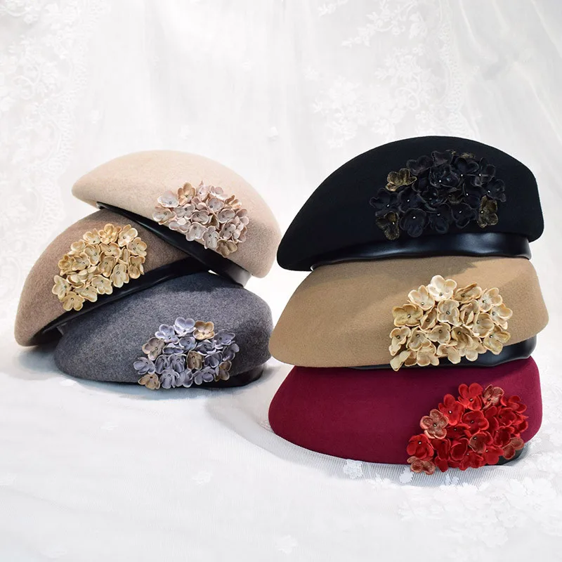Wholesale In Stock  Flower Blank Design Pattern Beret Hat Female High Quality 100 Wool Felt Berets for Women Fashion Dress
