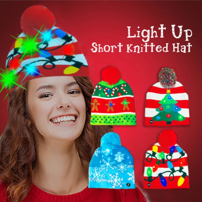 Amazon Hot Selling Guangdong Glowing Party Custom Light Up Novelties Knitted LED Christmas Beanie Hat
