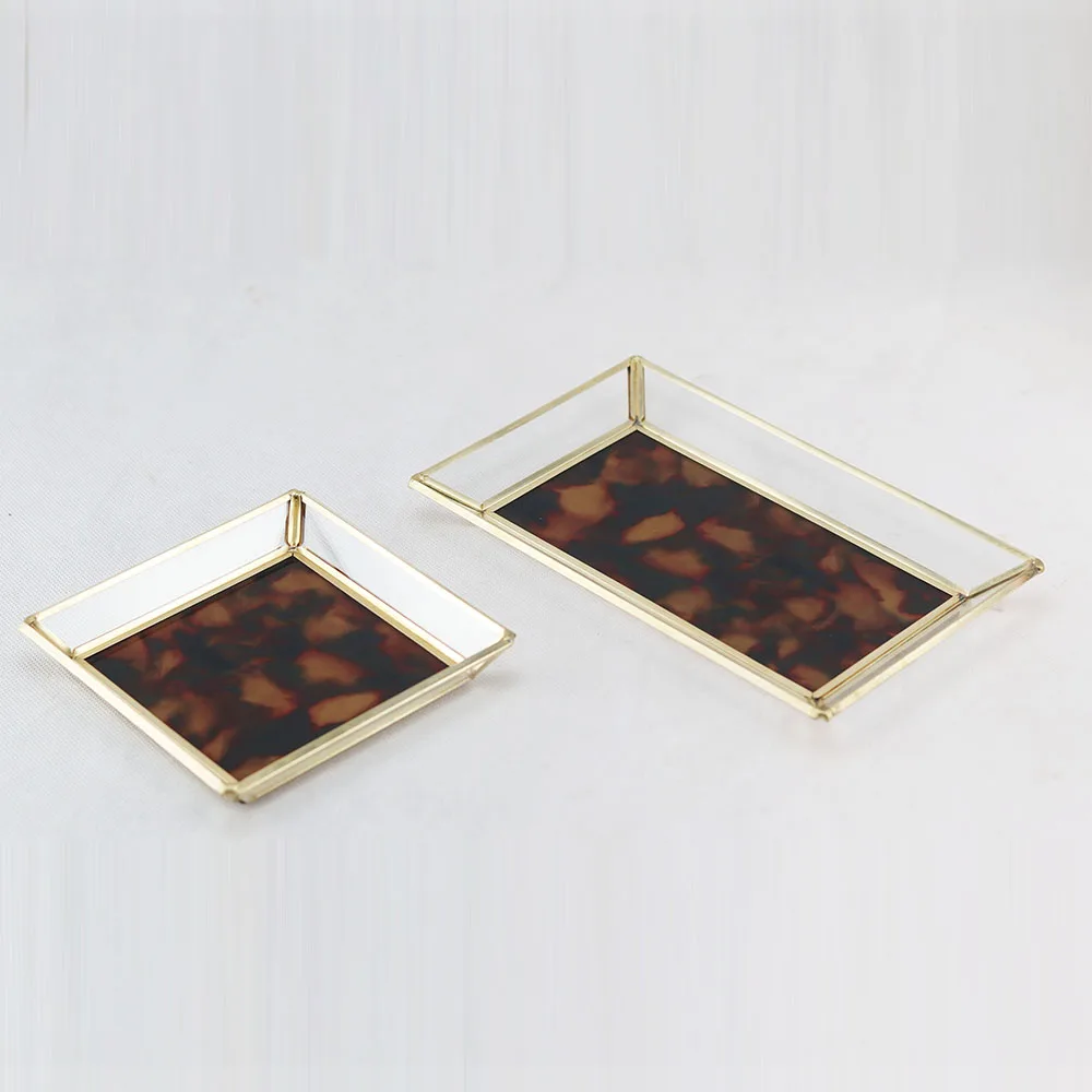 Decorative Rectangle Metal Gold  Glass Vanity Perfume Tray