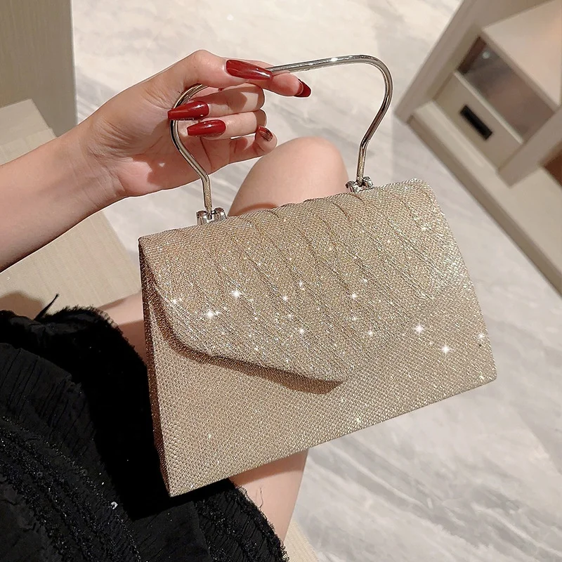 RB17 Bridal Wedding Party Bag Bling Sequin Golden Evening Clutch Bag Ladies Dinner Bag with Handle