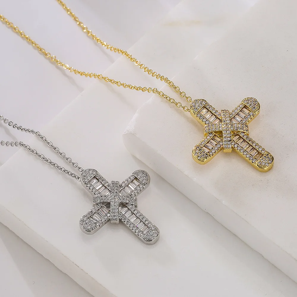 Wholesale Dainty Copper Crystal Necklace Pendent Jewelry Bling Zircon Cross Necklace for Women Girl