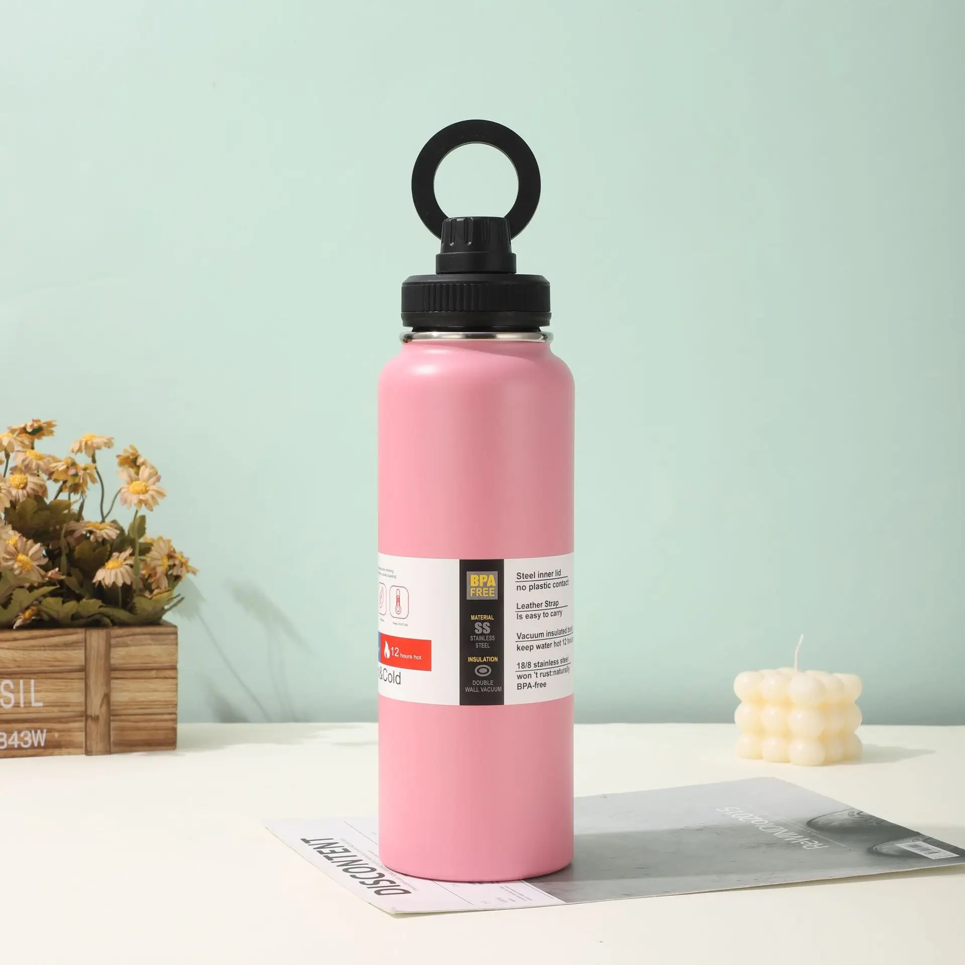 1L large capacity outdoor sports Stainless Steel water bottle with magnetic cell phone holder