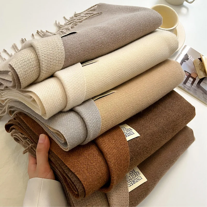 2023 New Winter Warm Plain Color Pashmina Shawl Blanket Scarf Women Men Long Large Double Sided Cashmere Scarves Fringe Shawls
