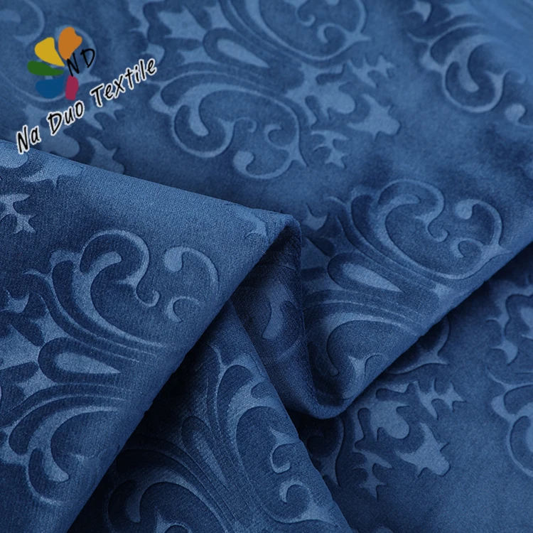 Wholesale quality polyester embossed blue velvet fabric price per meter