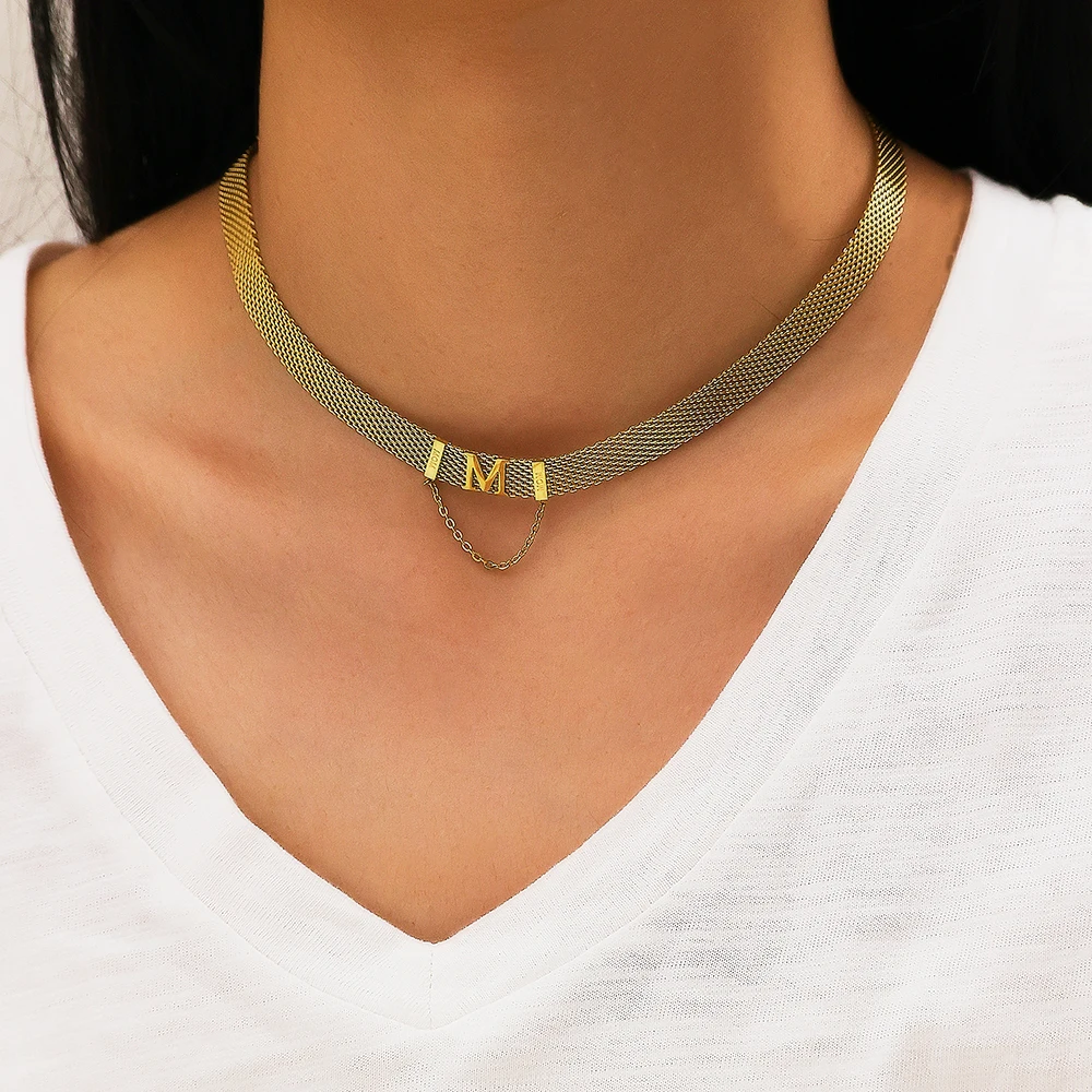 XIXI Luxury Personalized Custom Letter M 18k Gold Plated Women Stainless Steel Wide Chain Choker Fashion Jewelry Necklaces