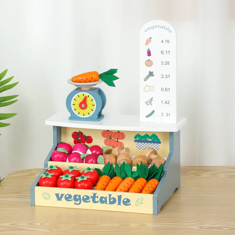 2024 New Children Wooden Role Play Pretend Vegetable Stall Portable Game Educational Activity Kitchen Stand Set Toys Fir Kids