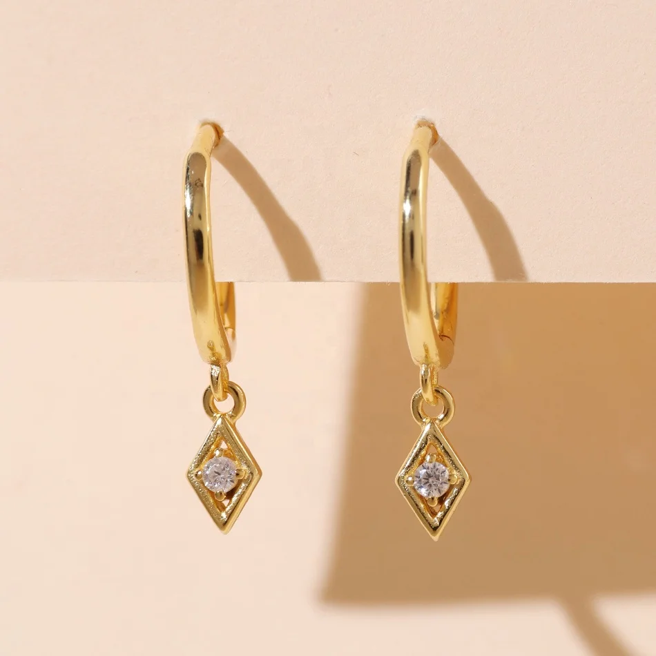 nagosa factory price 925 sterling silver jewelry 18k 14k gold vermeil pave cz rhombus dangle hoop earring