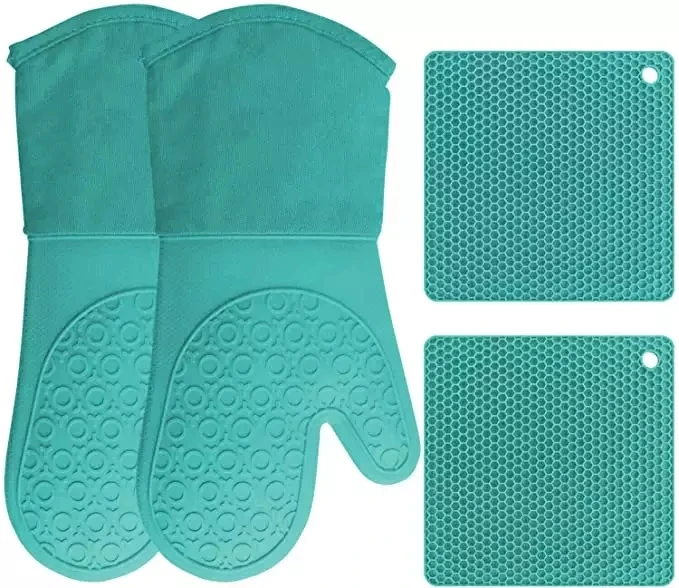 Oven Mitt Set Silicone Kitchen Accessories - Extra Large Bbq Gloves Waterproof Silicone Cooking Long Gloves