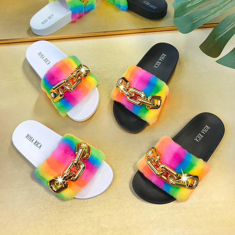  Hot Sale Soft Sandals Designer Fluffy Outdoor EVA Metal Chain Fur Slides Winter Women