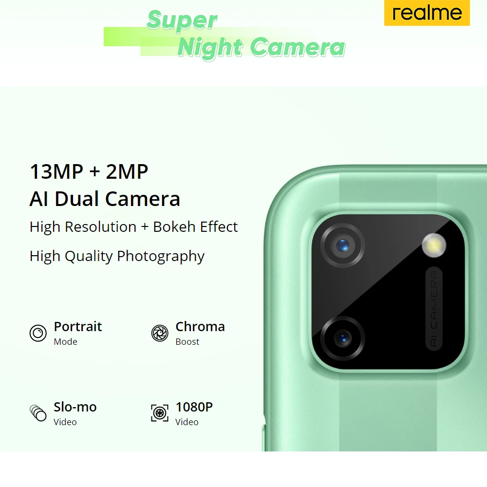 Realme C11 Mobile Phones 6.5inch 5000mAh Big Battery 40days Long Standby 3-Card Slot Android Smartphone 13MP Camera Telephone