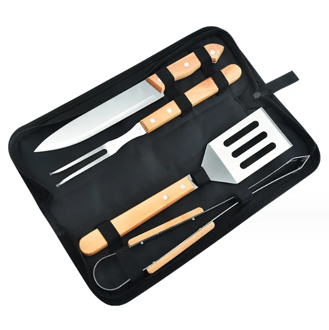 4 Pcs in One Set Cloth Bag Packaging Barbecue Tools Stainless Steel Wooden Handle Bbq Tool