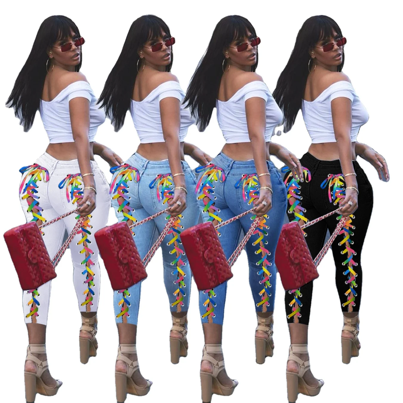 GQ2826  hot sale women jeans 2021 bandage high waisted pencil ladies jeans pants personality joker jeans