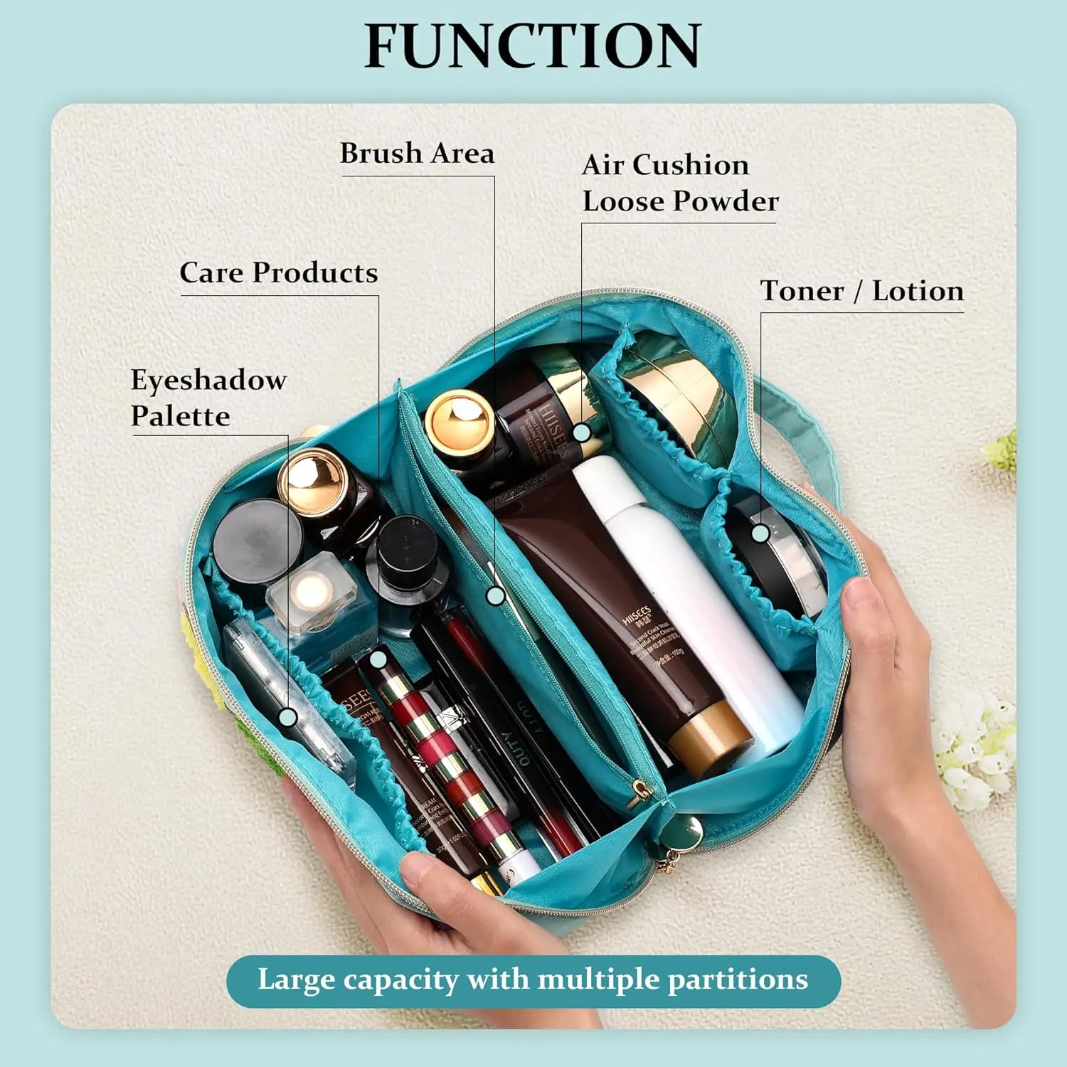 Preppy Makeup Bag, Large Capacity Travel Cosmetic Bag, Chenille Letter Open Flat Nylon Bag