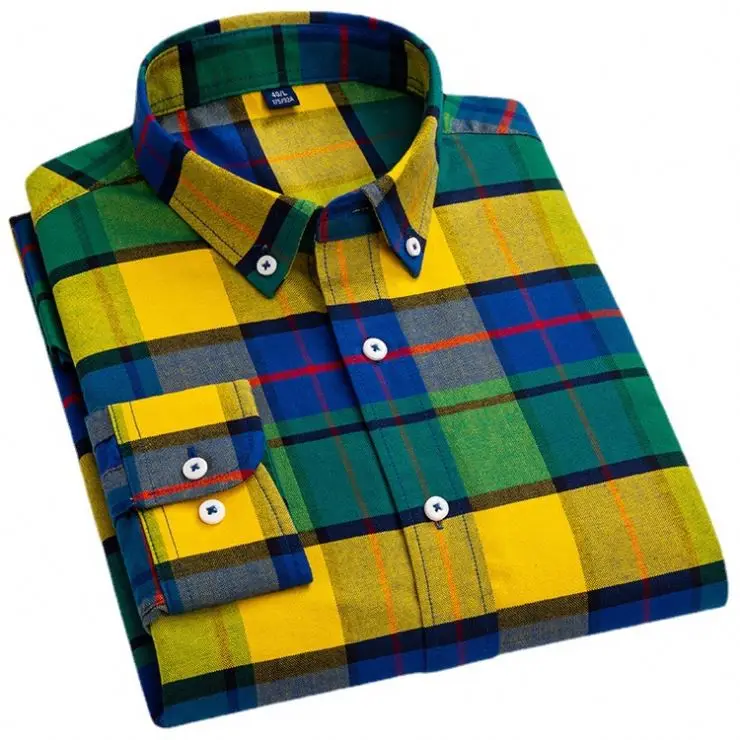 Хлопковый полосатый Оксфорд топ с квадратным воротником Повседневная мужская рубашка длинными рукавами Молодежный облегающий клетчатый кардиган Топ