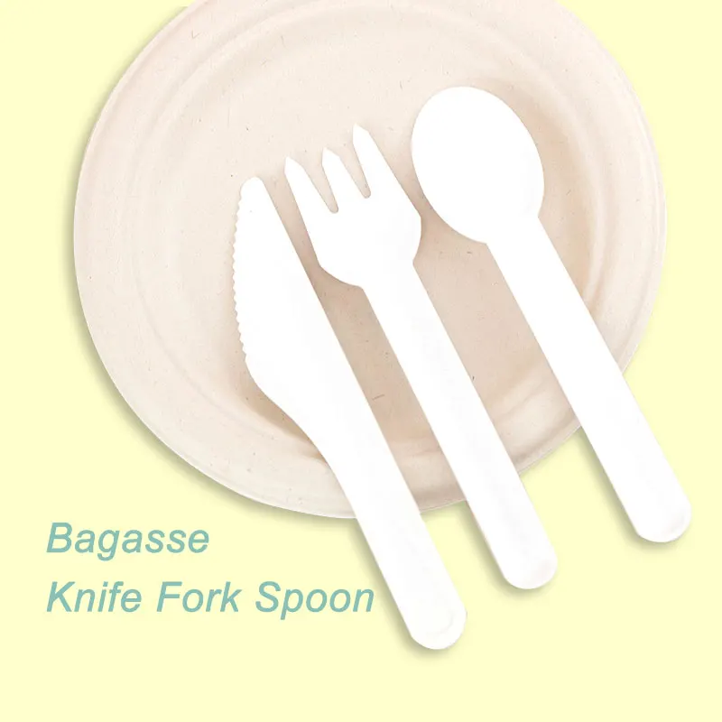 Custom Wholesale Travel Flatware Sets for Wedding Sugarcane Bagasse Disposable Biodegradable Eco Paper Pulp Compostable Cutlery