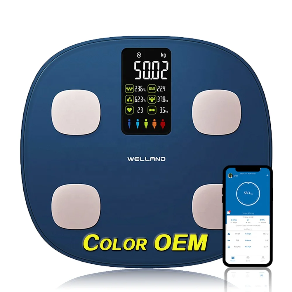 Голубые умные Современные Индивидуальные весы с приложением подключенные к BMI Измерение частоты сердечных сокращений в ванной комнате