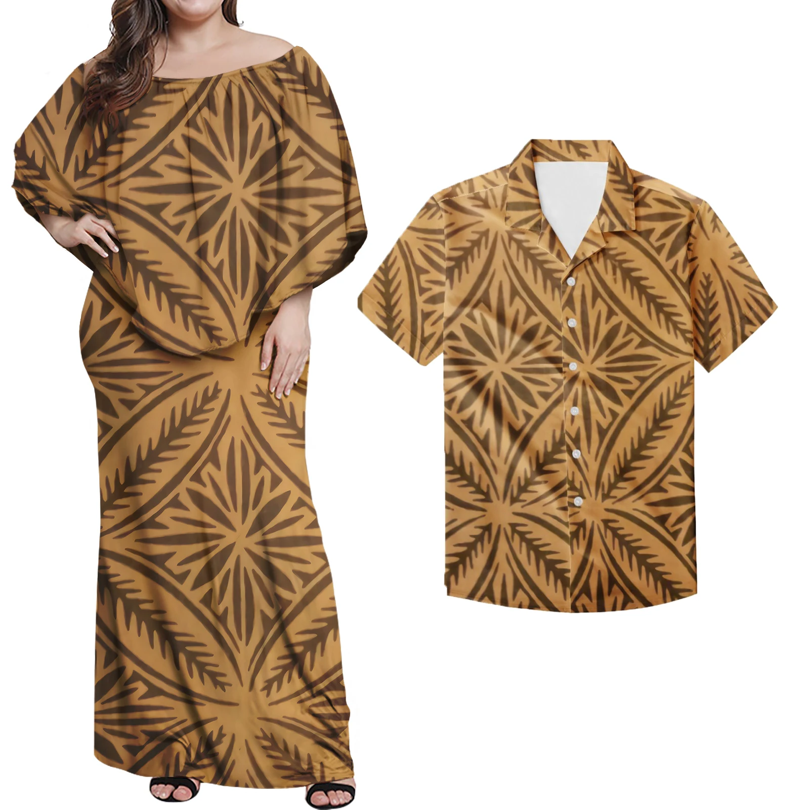 Hot Sale Evening Club Poncho Maxi Dress Women Match Man Aloha Short Sleeve Shirt Oversize Polynesian MANA Blue Sets Of Couples
