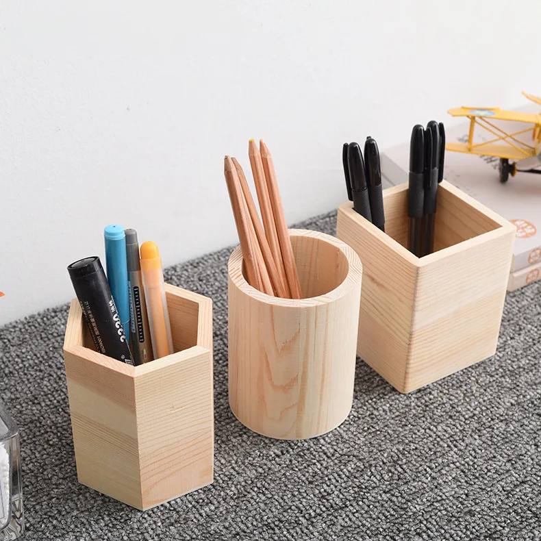 unfinished round desktop office organizer pot rustic wooden pen holder