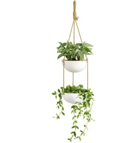 Ceramic Double Hanging Planter 2 Tier Round Flower Plant Pot Porcelain Hanging Basket with Polyester Rope Hanger for Indoor